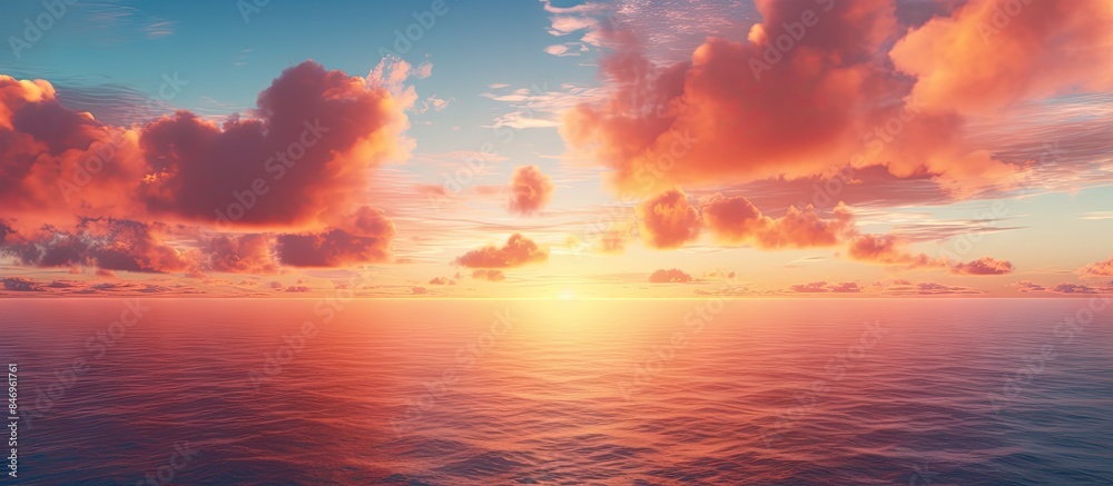The sun setting over the ocean, casting a warm glow on the water below as clouds gather in the sky. with copy space image. Place for adding text or design The sun setting over the ocean, casting a warm glow on the water below as clouds gather in the sky. with copy space image. Place for adding text or design