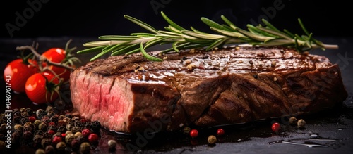 Succulent grilled beef steak sliced to reveal texture, garnished with fresh rosemary and tomatoes. with copy space image. Place for adding text or design