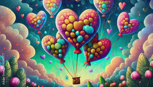 oil painting style cartoon illustration multicolored Floating red heart-shaped balloons against a serene sky