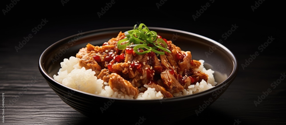 Rice and meat combined in a bowl, capturing a mouth-watering close-up shot. with copy space image. Place for adding text or design