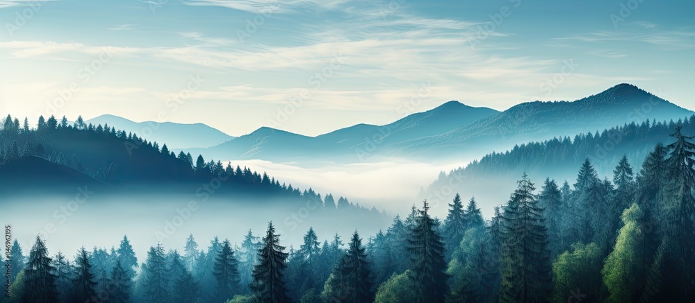 Silhouetted misty mountains against a blue sky, surrounded by lush green forest of pines and firs, an ideal camping spot for nature lovers. with copy space image. Place for adding text or design