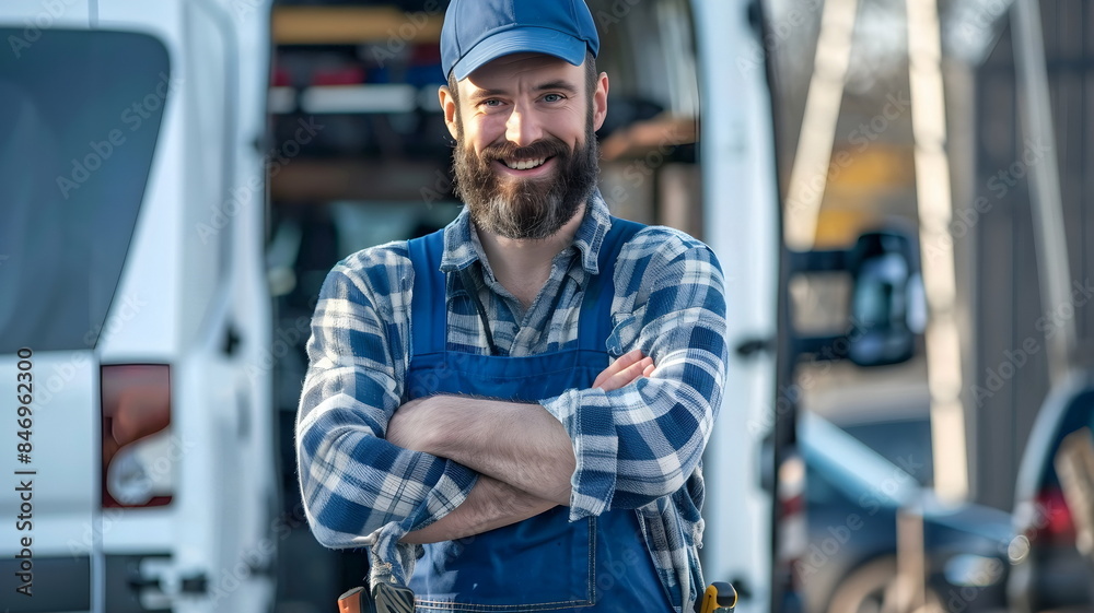 A repairman standing in front of his van A repairman standing in front of his van