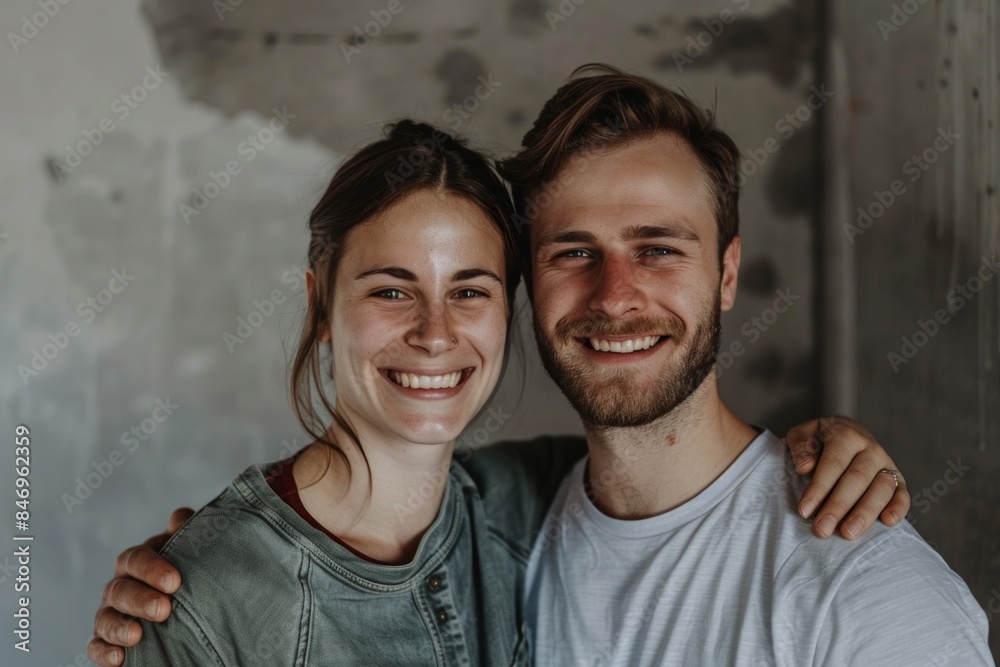 Portrait of a glad caucasian couple in their 20s wearing a simple cotton shirt in front of empty modern loft background Portrait of a glad caucasian couple in their 20s wearing a simple cotton shirt in front of empty modern loft background
