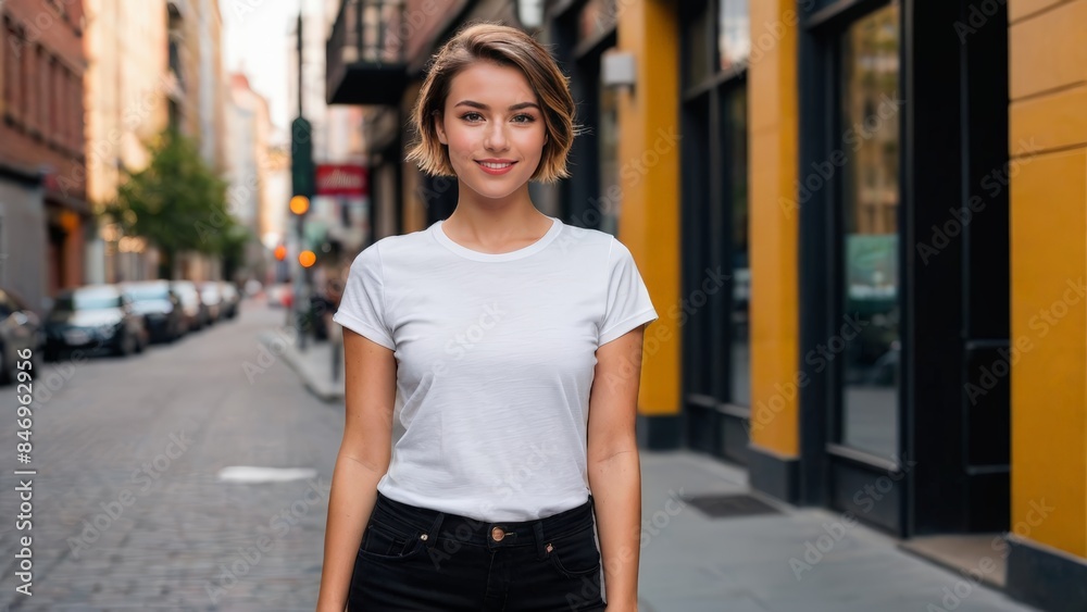 Young woman with short hair wearing white t-shirt and black jeans standing on the street Young woman with short hair wearing white t-shirt and black jeans standing on the street