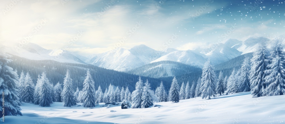 custom made wallpaper toronto digitalSnowy mountains with pine trees covered in snow, creating a picturesque winter landscape. with copy space image. Place for adding text or design