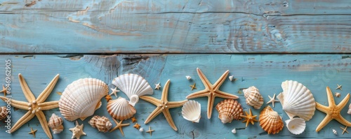 Collection of seashells and starfish arranged on sand, gentle beach vibe, natural textures photo