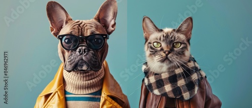 Fashionable Dog and Cat Models Posing Together | Stylish Pets in Trendy Outfits | Perfect for Branding and Text Space photo