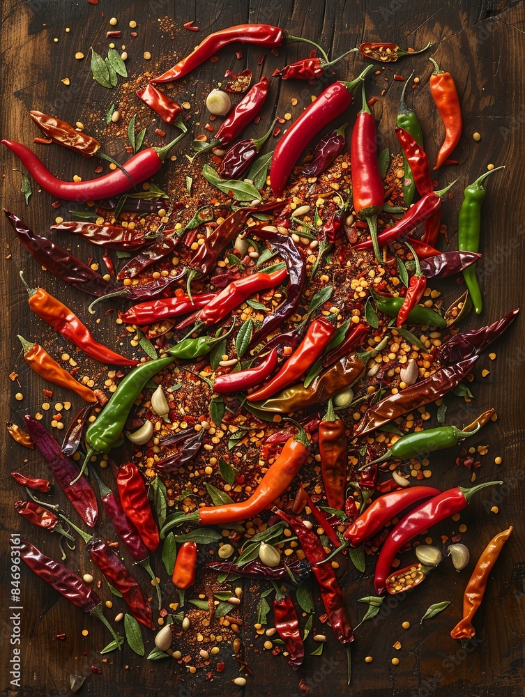 A variety of fresh and dried chili peppers are scattered on a rustic wooden surface, creating a vibrant and spicy scene. Generative AI A variety of fresh and dried chili peppers are scattered on a rustic wooden surface, creating a vibrant and spicy scene. Generative AI