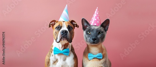 Celebrating Furriends - Dog and Cat in Party Hats and Bow Ties Against Pastel Wall for Text Space photo