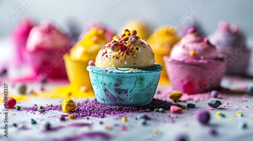 Colorful cupcakes with sprinkles arranged neatly on a table