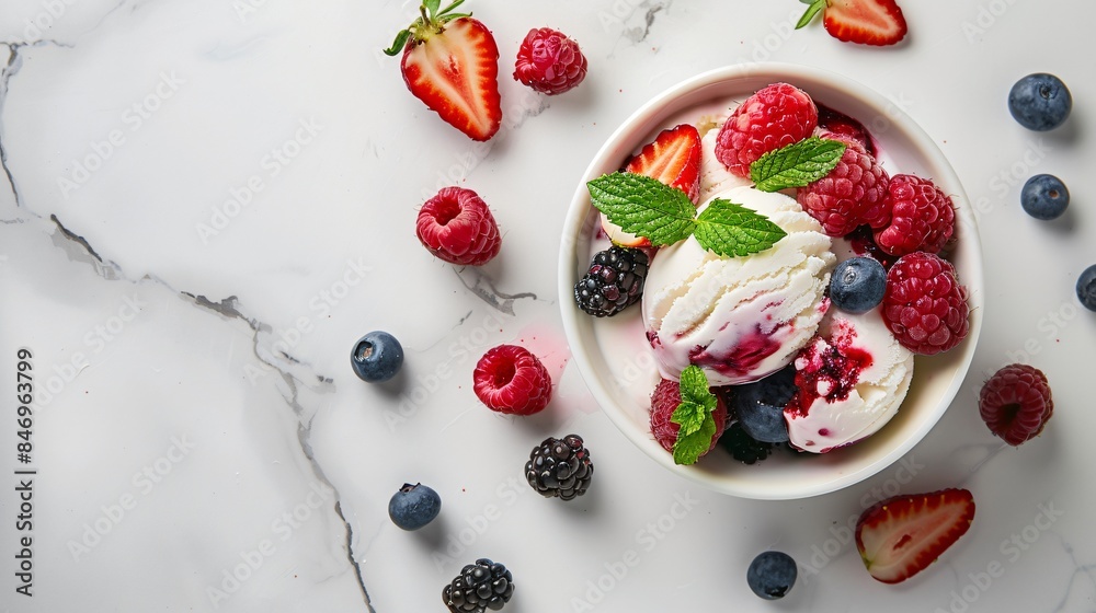 Delightful Summer Treat - Bowl of Ice Cream with Fresh Fruit and Mint Leaves on White Marble Table Delightful Summer Treat - Bowl of Ice Cream with Fresh Fruit and Mint Leaves on White Marble Table