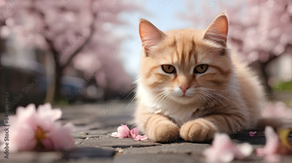 Obraz premium 猫と桜/茶猫