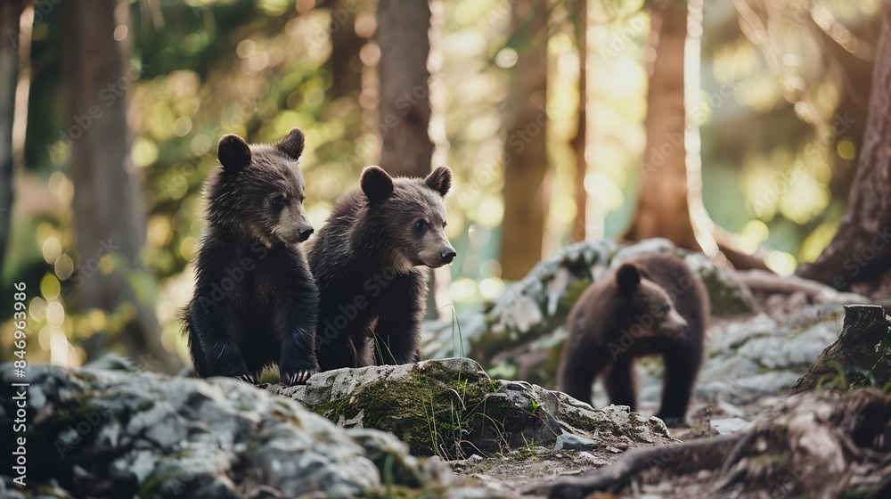 Two young brown bear cub in the forest Portrait of brown bear animal in the nature habitat Wildlife scene from Europe Cub of brown bear without mother : Generative AI