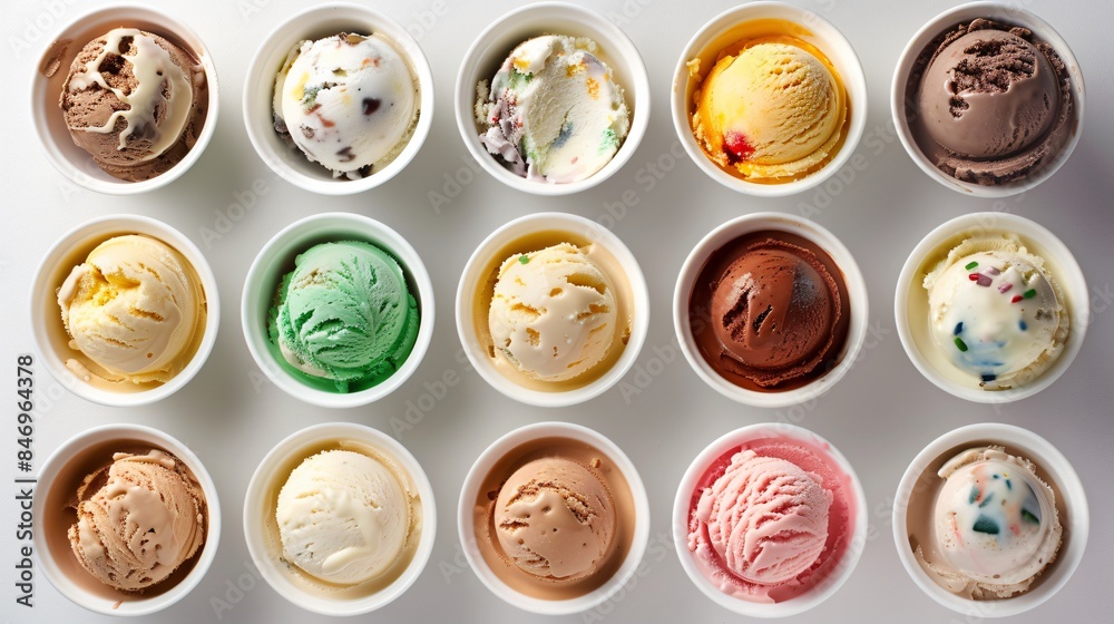 Sweet Delight - Assorted Ice Cream Flavors in Bowls on White Table for Social Media and Advertising Sweet Delight - Assorted Ice Cream Flavors in Bowls on White Table for Social Media and Advertising