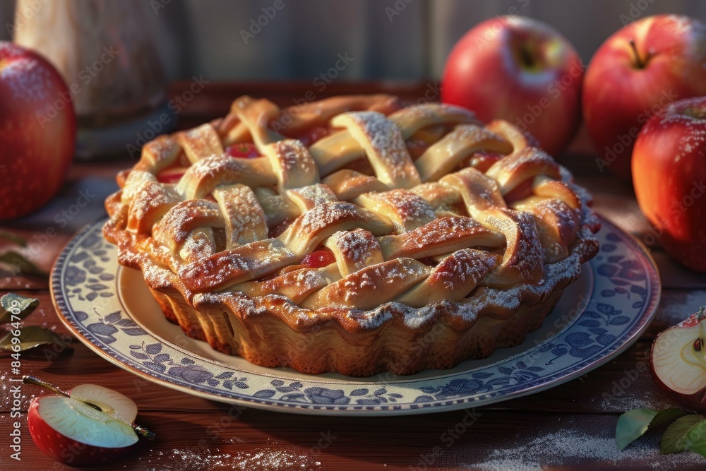 Freshly baked apple pie with lattice crust surrounded by apples on a wooden table at golden hour Freshly baked apple pie with lattice crust surrounded by apples on a wooden table at golden hour