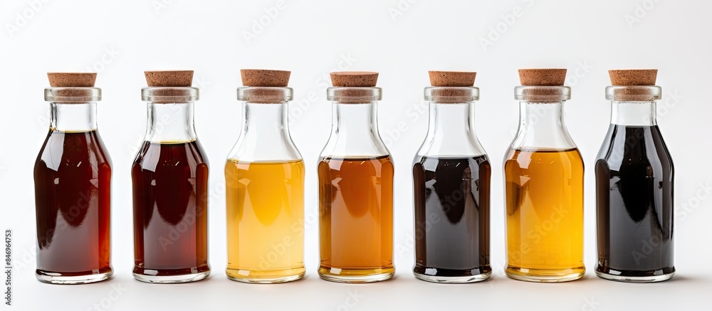 Assorted mini bottles filled with flavored coffee syrups arranged on a clean white background. with copy space image. Place for adding text or design