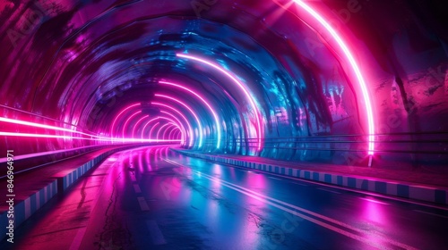 A dynamic, neonlit tunnel with fastmoving pink and blue light trails, representing futuristic technology and rapid movement Dynamic, Neon, Rapid, Futuristic