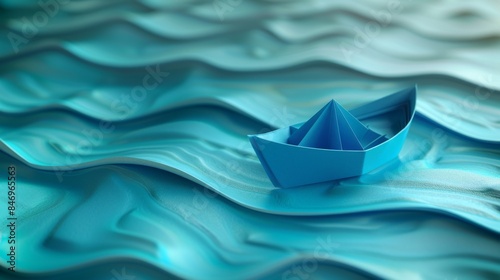 Blue paper boat floats on a paper model sea wave. concept of risk management and strategic navigation