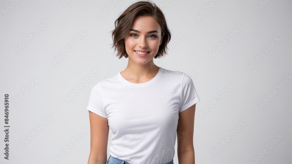 Young woman with short hair wearing white t-shirt and blue jeans isolated on grey background Young woman with short hair wearing white t-shirt and blue jeans isolated on grey background