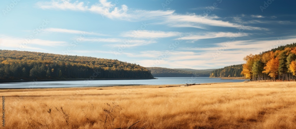 Expansive field of grass with a serene lake in the background, surrounded by lush forest of Quabbin Reservoir in Ware, Massachusetts. with copy space image. Place for adding text or design