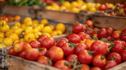 peppers and yellow tomatoes in wooden boxes