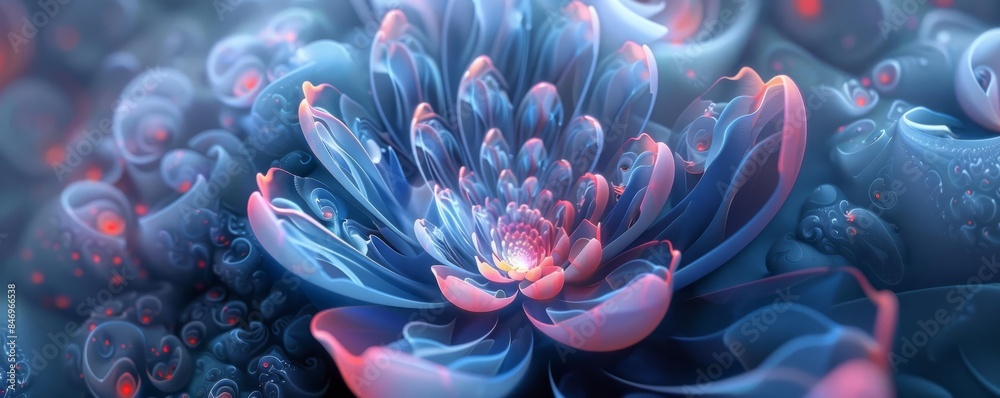 Blue petals with flowing pink accents, digital art, fantasy, soft gradients, intricate and detailed Blue petals with flowing pink accents, digital art, fantasy, soft gradients, intricate and detailed