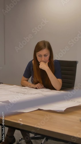 Businesspeople working with drawing at office. Couple in formal suits attentively looking at road building plan. Throw the vindow view. 4k Ultra HD slow motion middle view. Vertical shot. photo