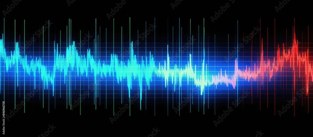An oscilloscope displays a pulsating trace for an EEG to detect epilepsy, showing a dynamic waveform with red and blue lights. with copy space image. Place for adding text or design