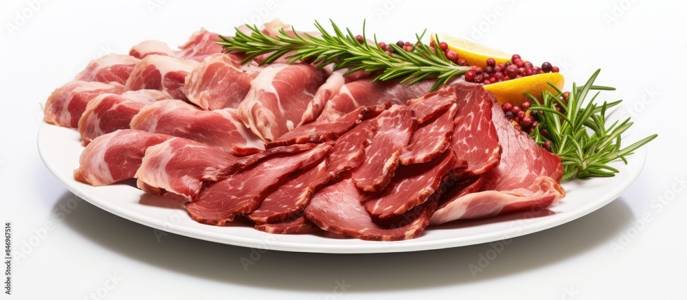 Meat delicatessen served on a pristine white background. with copy space image. Place for adding text or design Meat delicatessen served on a pristine white background. with copy space image. Place for adding text or design