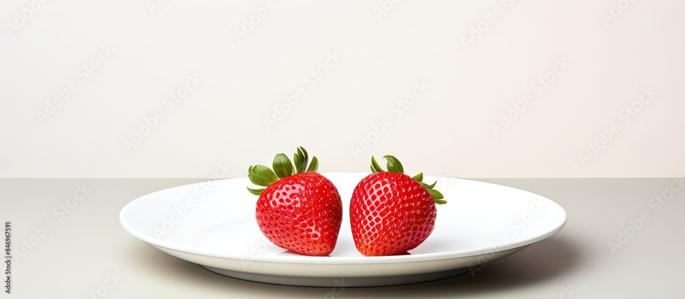 A white plate displays a pair of fresh strawberries placed on a wooden table. with copy space image. Place for adding text or design A white plate displays a pair of fresh strawberries placed on a wooden table. with copy space image. Place for adding text or design