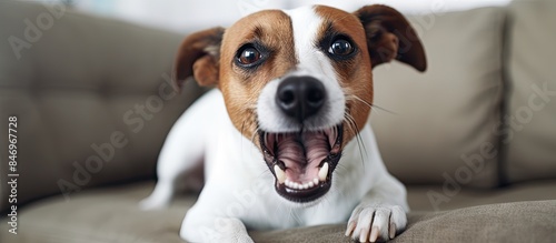 Small Jack Russell Terrier on sofa exhibiting aggression towards owner, showing teeth and wanting to bite. with copy space image. Place for adding text or design photo
