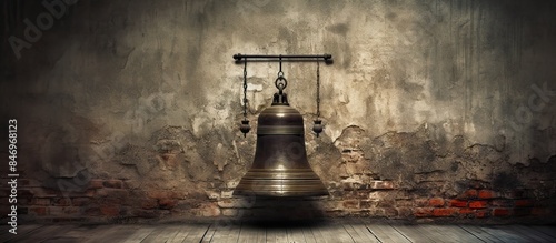 An aged school bell is mounted on the wall with a metal chain attached. with copy space image. Place for adding text or design photo