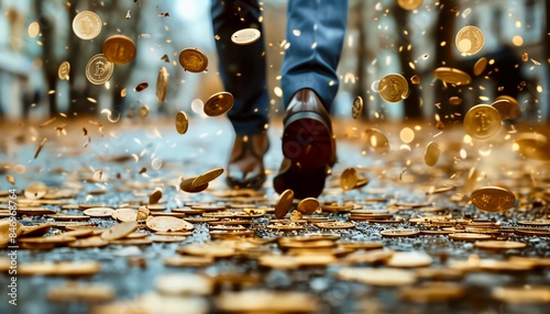 A man walks down a path covered in gold coins