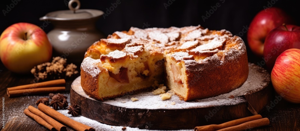 Sweet homemade apple cake with a slice missing, featuring a delicious cinnamon flavor. with copy space image. Place for adding text or design Sweet homemade apple cake with a slice missing, featuring a delicious cinnamon flavor. with copy space image. Place for adding text or design