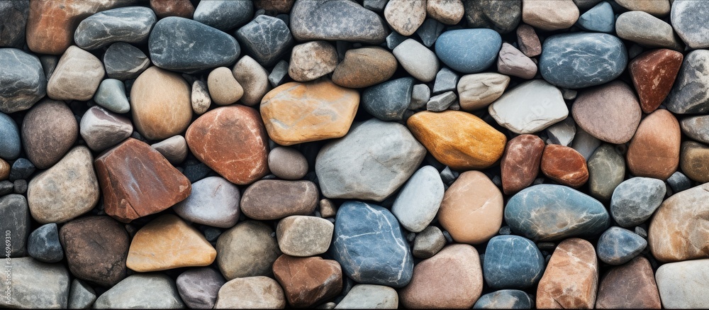 Detailed texture background of colorful natural stones featuring a prominent yellow and blue rock among the pile of rocks. with copy space image. Place for adding text or design