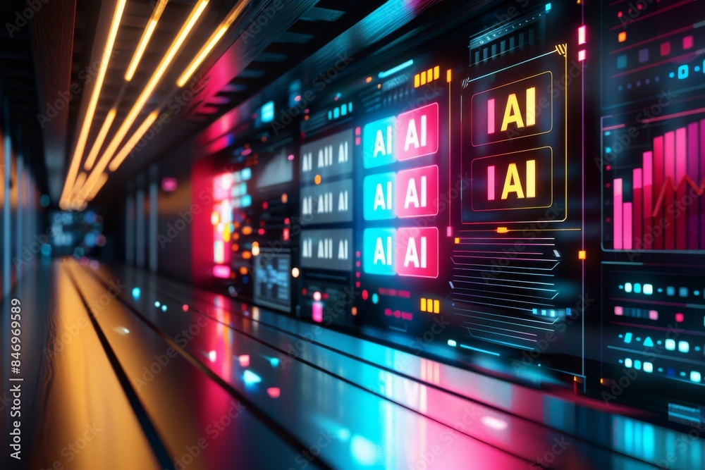 Fototapeta premium AI control room with neon lights, digital art, technology innovation, artificial intelligence, high tech visuals, cyber theme, modern design