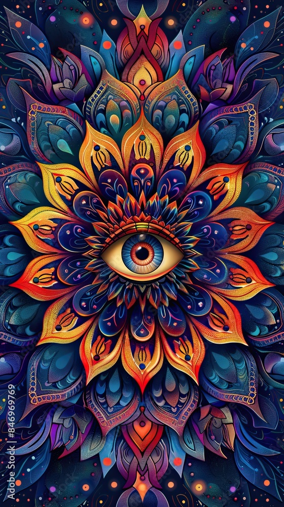 A colorful flower with a large eye in the center A colorful flower with a large eye in the center