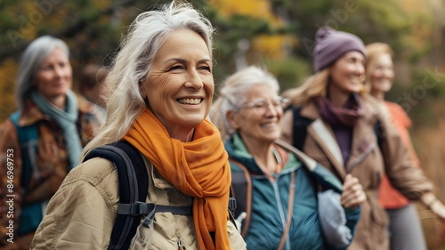 group of old woman hiking in the forest