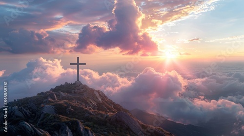 The cross of Jesus Christ on top of a mountain with a beautiful sky