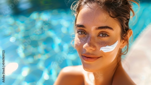 A young woman smiles as she applies sunscreen to her face while sitting by a pool. photo