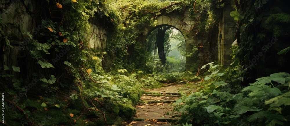 A serene forest path is adorned by a picturesque stone arch, creating a tranquil ambiance amidst nature's embrace. with copy space image. Place for adding text or design A serene forest path is adorned by a picturesque stone arch, creating a tranquil ambiance amidst nature's embrace. with copy space image. Place for adding text or design