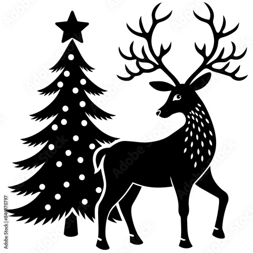 reindeer christmas tree silhouette vector illustration