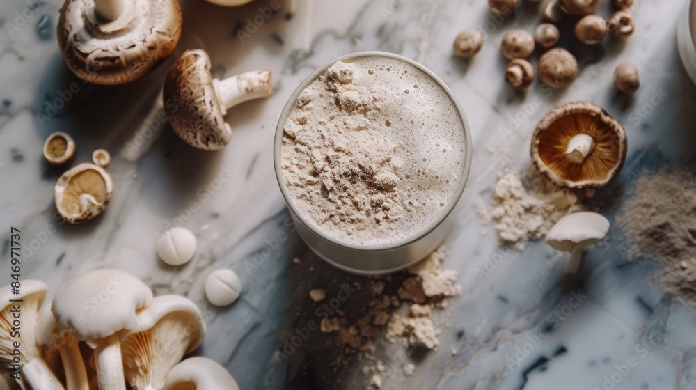 An overhead shot of a bowl of white mushroom powder surrounded by various mushrooms, including white, brown, and cremini mushrooms. The scene is set on a marble surface. An overhead shot of a bowl of white mushroom powder surrounded by various mushrooms, including white, brown, and cremini mushrooms. The scene is set on a marble surface.