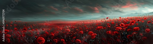 Field of red poppies under a dramatic sky, moody, dark tones, digital painting 8K , high-resolution, ultra HD,up32K HD