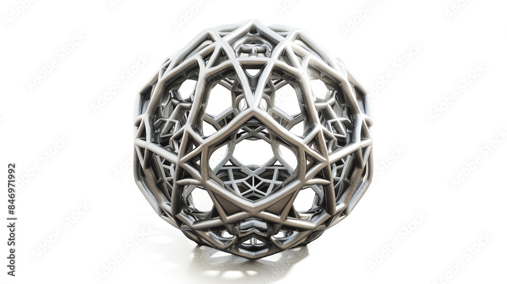 Fototapeta premium High-detail 3D-printed metallic geometric sphere showcasing intricate lattice design on a white background, highlighting modern 3D printing technology.