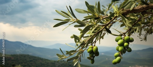 Numerous green olives hangi...
