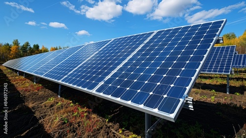 Modern Solar Energy Farm with Photovoltaic Panels on a Sunny Day photo