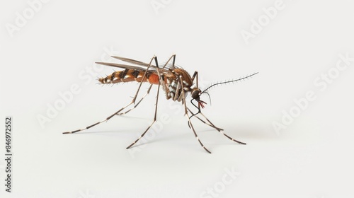 A close-up shot of a mosquito sitting on a white surface, possibly paper or cloth