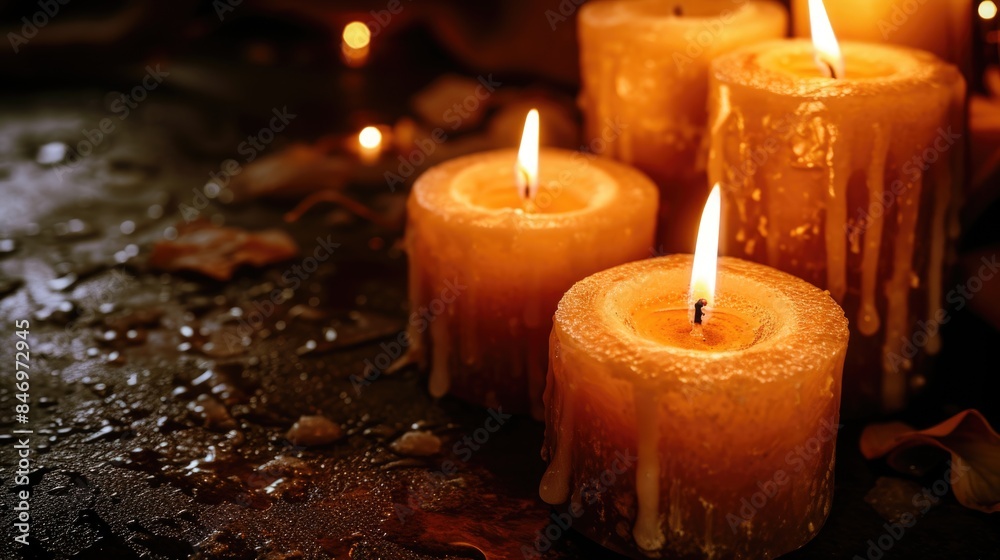 A group of lit candles sitting on a table