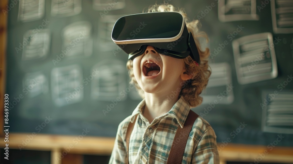 A young boy wearing a VR headset in front of a blackboard, ideal for tech and education concepts A young boy wearing a VR headset in front of a blackboard, ideal for tech and education concepts